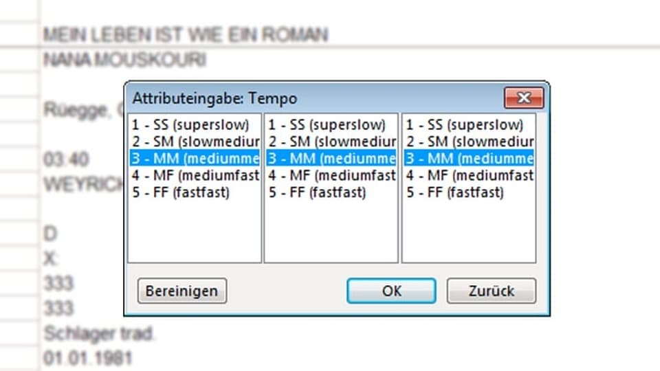 Tempo und Stimmung des Musikstücks werden mit Zahlen von 1 bis 5 codiert. «333» bedeutet, dass dieses Audio ein mittleres Tempo von Anfang bis Ende aufweist. 