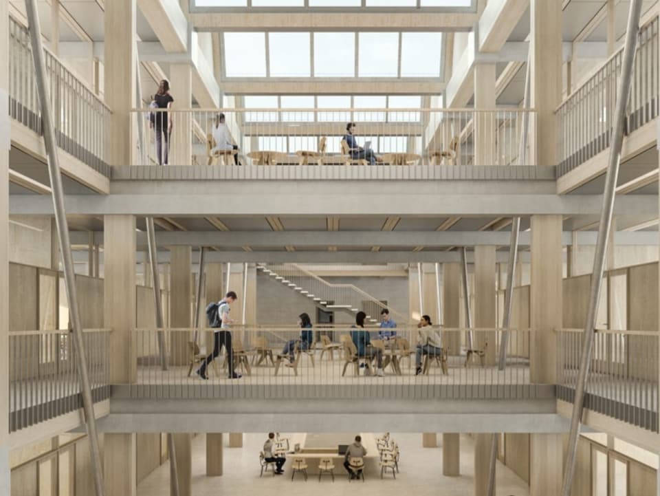 Das Atrium des geplanten Neubaus bietet Studierenden Platz auf mehreren Stockwerken.