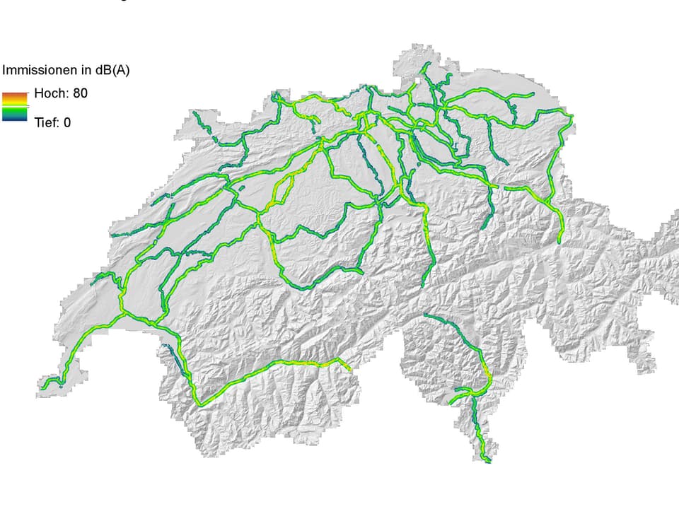 Diese Karte zeigt die Emissionen von Schall durch fahrende Züge in der gesamten Schweiz entlang der grossen Bahnlinien.