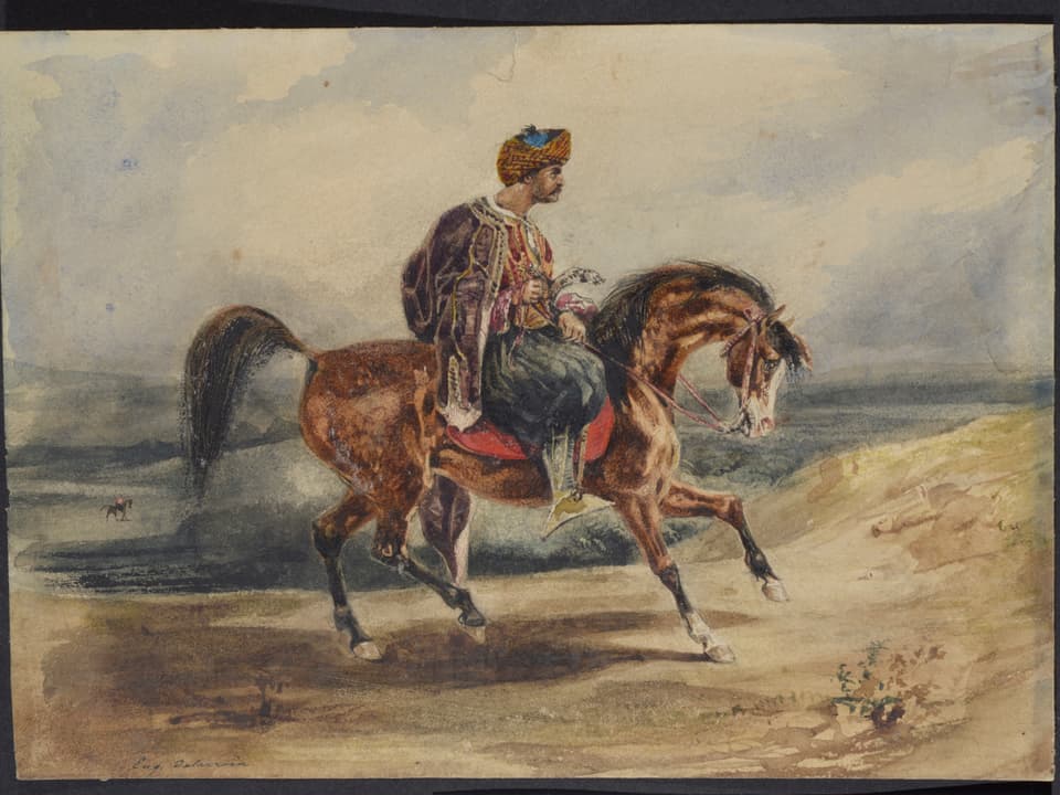 Gemälde mit Reiter auf einem Pferd.