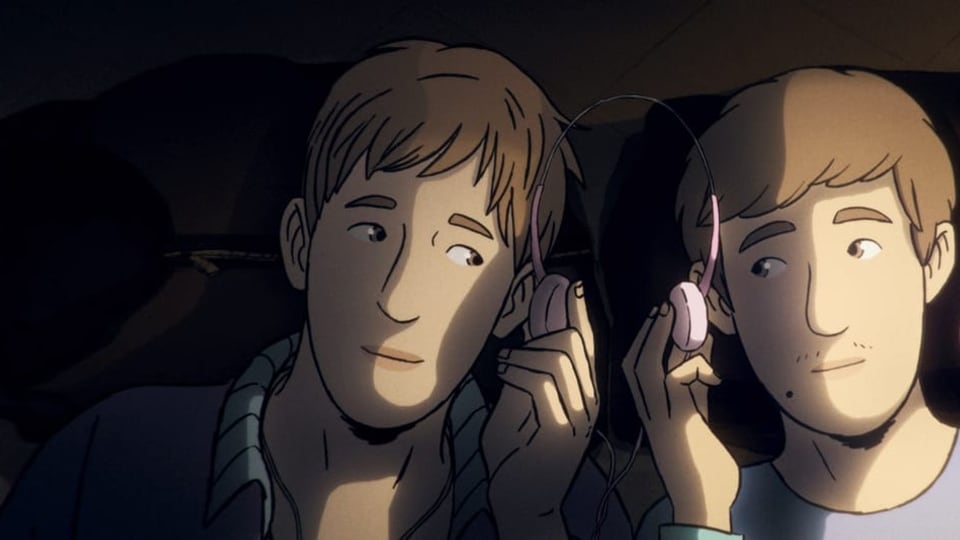 Gezeichnete Szene: Zwei junge Männer teilen sich einen Kopfhörer.