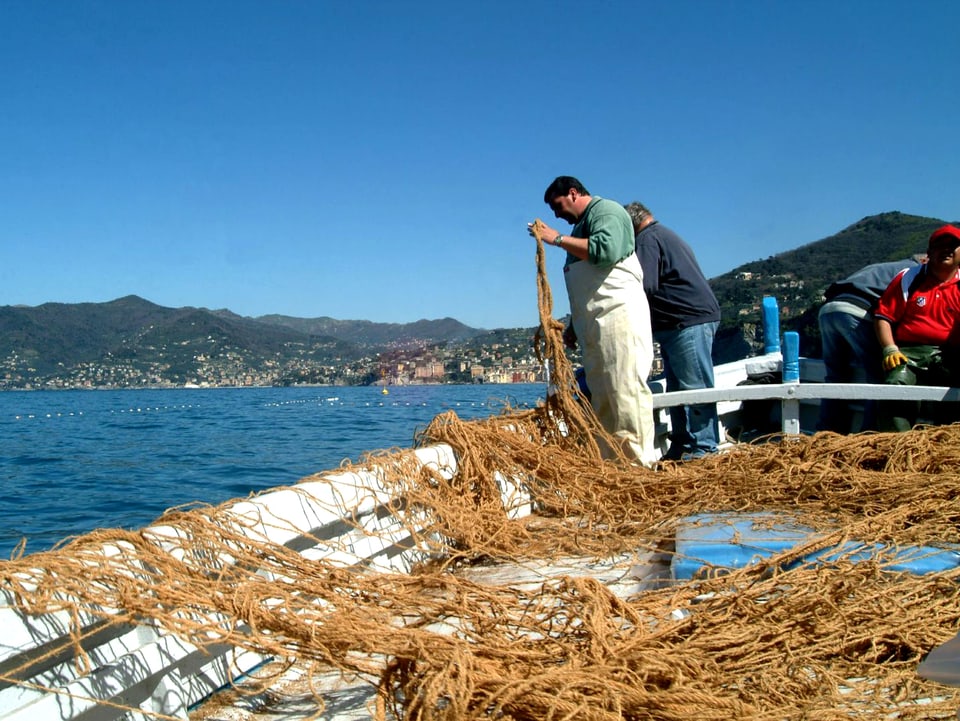 Fischer auf einem Boot mit Netzen darauf.