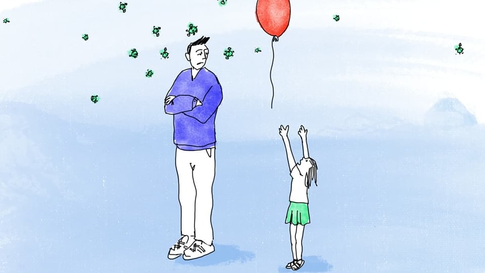 Illustration links Teenager in blauem Pulli, Arme verschränkt. Rechts kleines Mädchen, Luftballon fliegt davon.