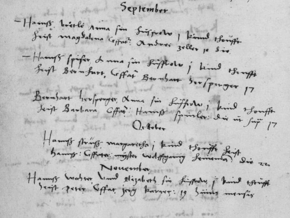 Handschriftliche Aufzeichnungen von Geburten in Liestal von September bis November 1542