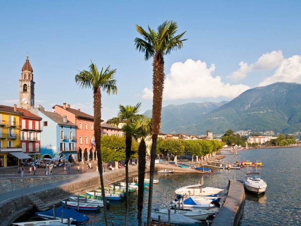 Bucht von Ascona mit Palmen und bunten Gebäuden
