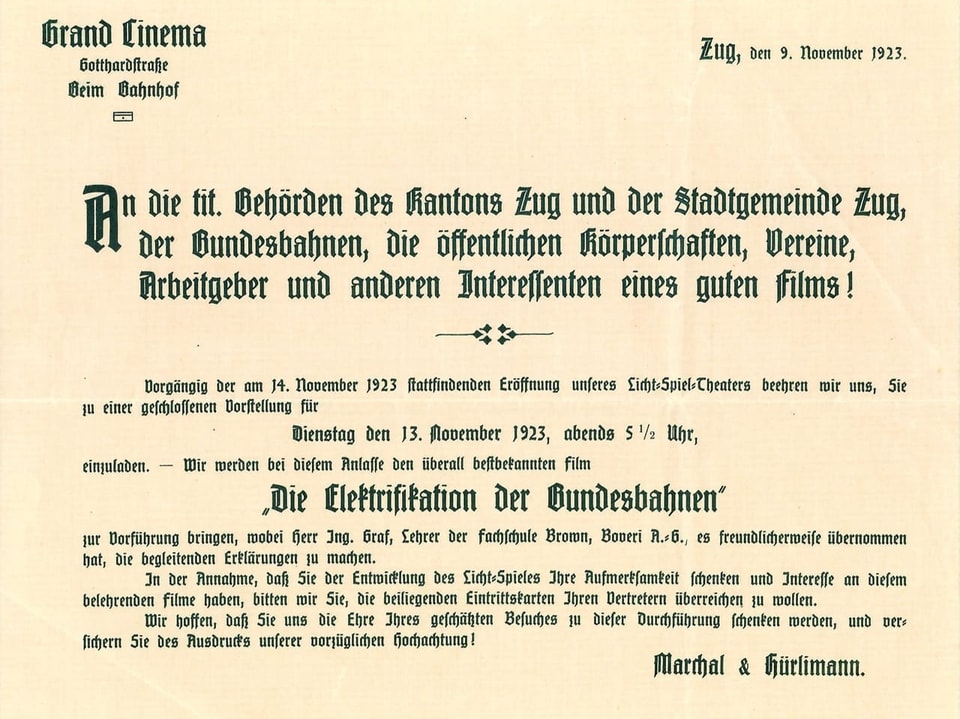 An invitation in old script to the first film screening at the Grand Cinéma.