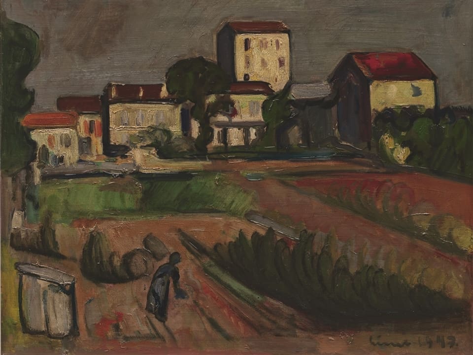 Französisches Dorf mit Feldern, 1947, Öl auf Leinwand