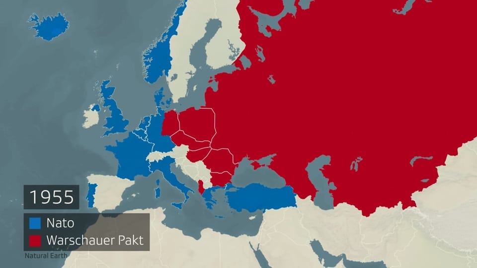 Karte von 1955: Eingezeichnet sind die Nato und der Warschauer Pakt