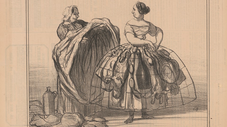 Eine Frau trägt einen Reifrock, darunter versteckt sie Würste und Fleisch.