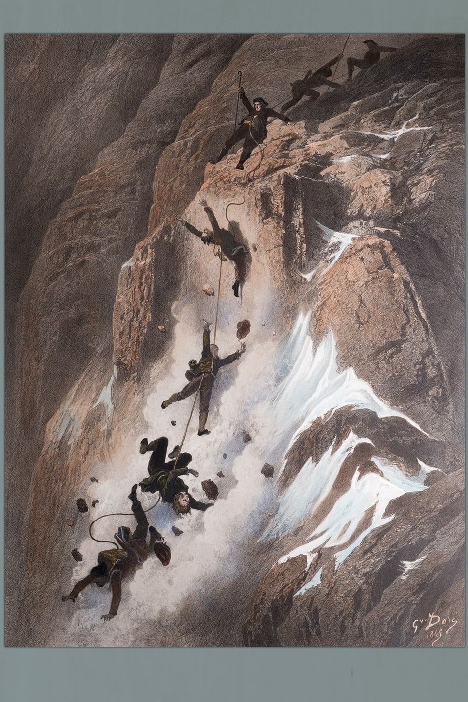 eine Zeichnung von mehreren Bergsteigern, die beim Abstieg stürzen