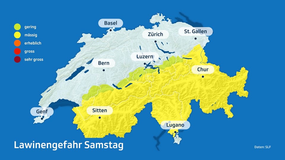 Karte der Schweiz zeigt Lawinengefahr am Samstag mit Risikolevels in verschiedenen Regionen.