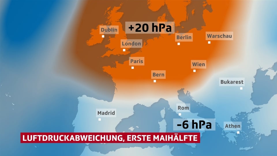 Europakarte die Luftdruckabweichung in der ersten Hälfte Mai im Vergleich zur Klimanorm zeigt.