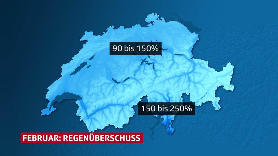 Die Schweizer Karte zeigt die Niederschläge des Februars 2016 mit der Abweichung zur Norm.
