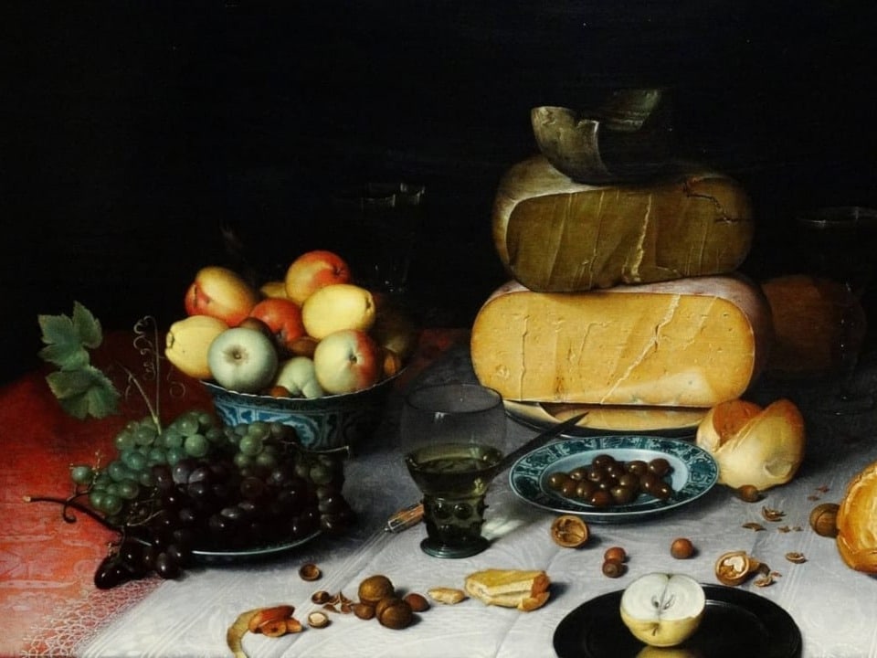 Niederländisches Stillleben mit vielen Lebensmitteln auf einem grossen Tisch