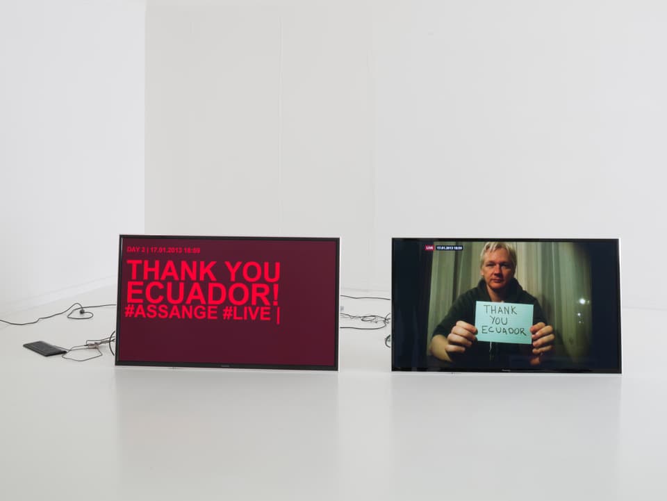Julian Assange auf einem Bildschirm. Neben ihm ist noch ein Bildschirm mit der Aufschrift «Thank you, Ecuador!».