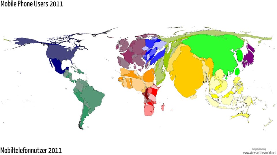 Die Weltkarte zeigt die Zahl der Mobiltelefone im Jahr 2011.