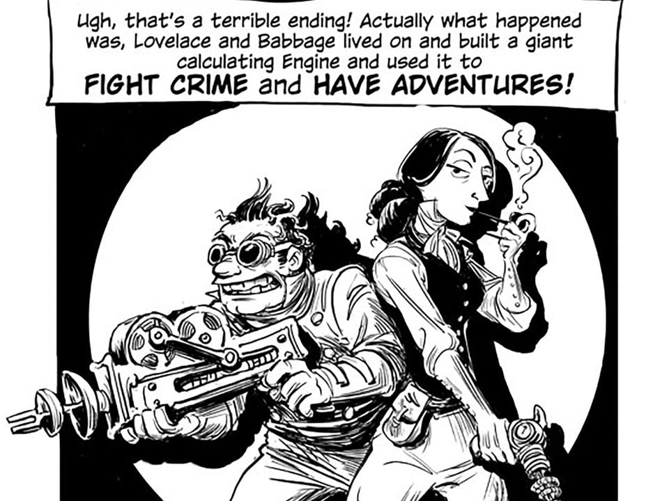 Comic: Ein Mann mit futuristischer Waffe und eine Frau, die raucht.