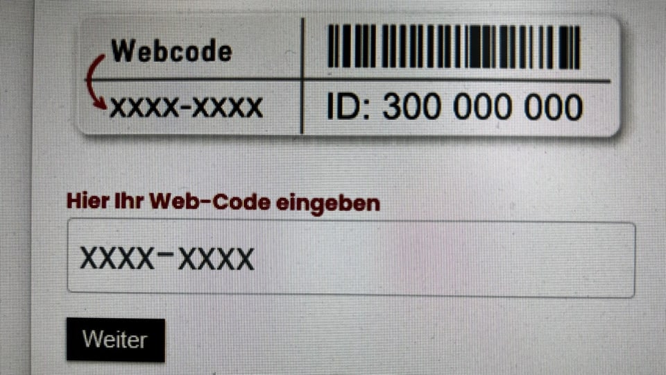 Strichcode und ein Webcode, der noch mit «XXXX-XXXX» ausgefüllt ist.