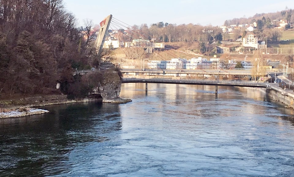 Rhein mit grossem Fels am Ufer.