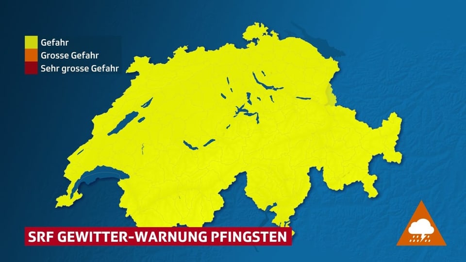 Schweizerkarte, die komplett gelb eingefärbt ist als Gewitterwarnung Stufe 1