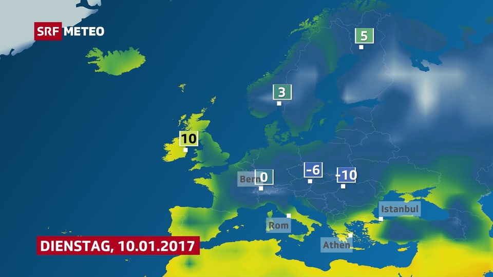 Auf der Karte sind die Temperaturen im Grossraum Europa eingetragen. Wien hat heute eine Höchsttemperatur von -6 Grad, Bukarest -10 Grad.