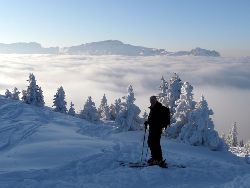 Eine Frau mit Ski steht oben auf einem Bergkamm. Die Aussicht ist atemberaubend.