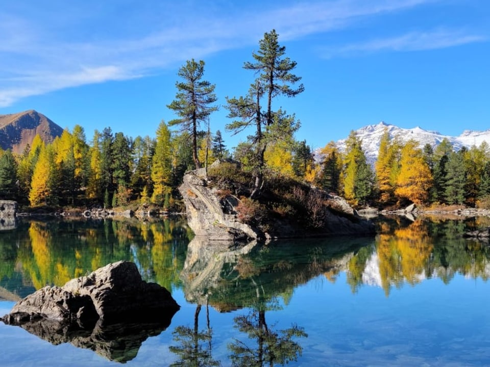 See in den Alpen mit gelben Lärchen