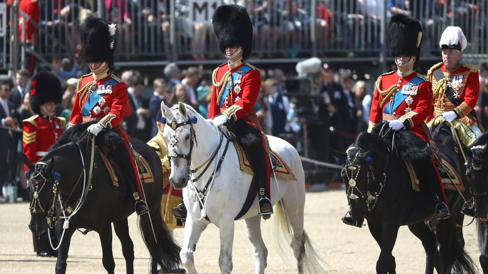 Drei Royals in Uniformen auf Pferden.