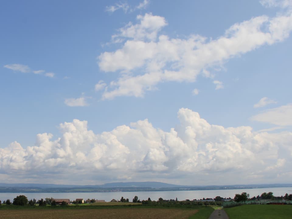 Im Vordergrund zeigt das Bild ein Feld, im Hintergrund liegt der Bodensee. Währenddem der Himmel über dem Thrugau blau ist, türmen sich über dem See und über Österreich teilweise grosse Quellwolken auf.