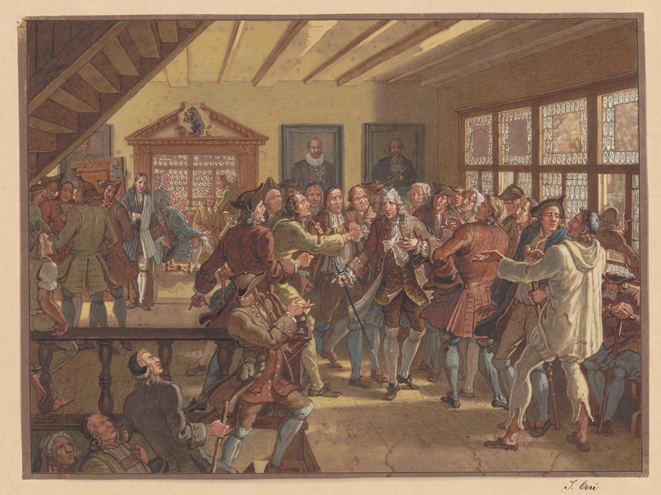 Ein altes Gemälde, auf dem eine Gruppe Männer streitet.