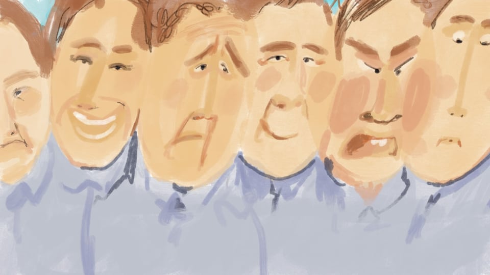 Illustration von sechs Gesichern des gleichen Mannes mit unterschiedlicher Mimik.