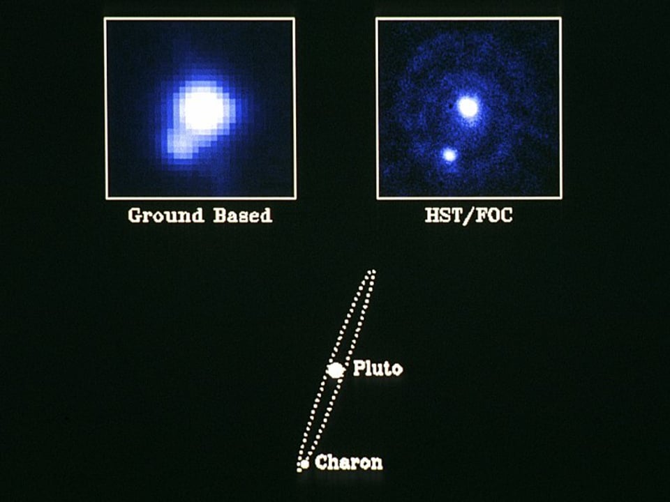 Pixelige und unscharfe Aufnamen von Pluto und Charon.