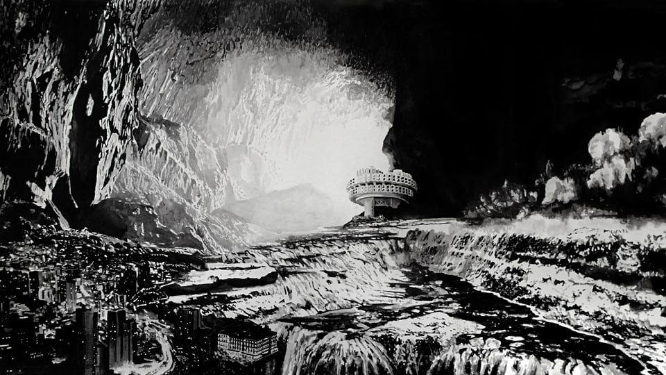 Schwarzweiss-Zeichnung: In einer dunklen Höhle befindet sich eine riesige, moderne Stadt. Im Hintergrund ist ein grosse, rundes Gebäude zu sehen.