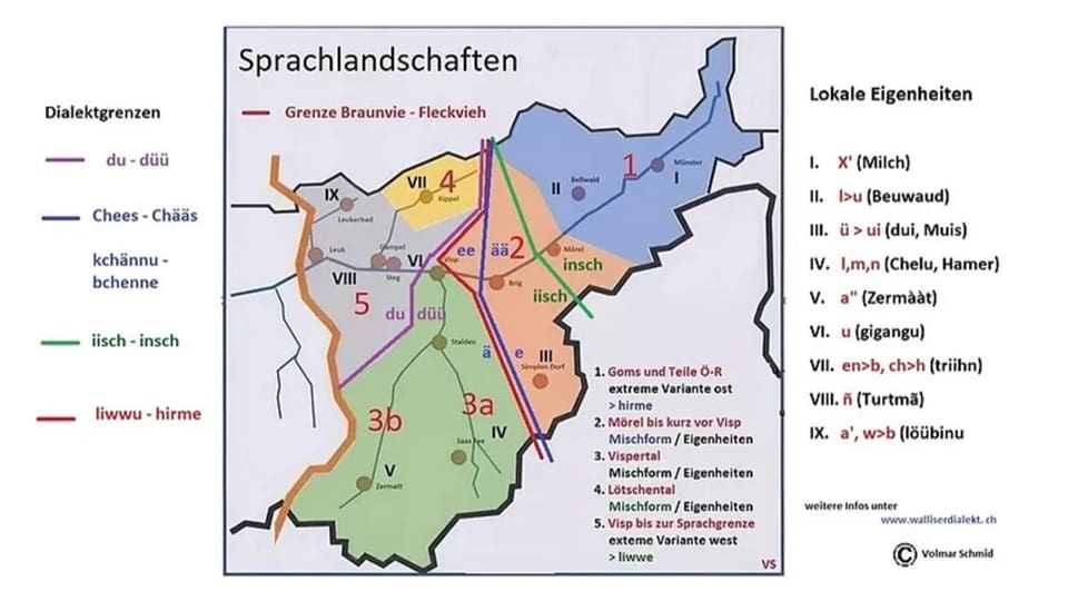 Eine Karte des Oberwallis mit verschiedenen Dialekträumen