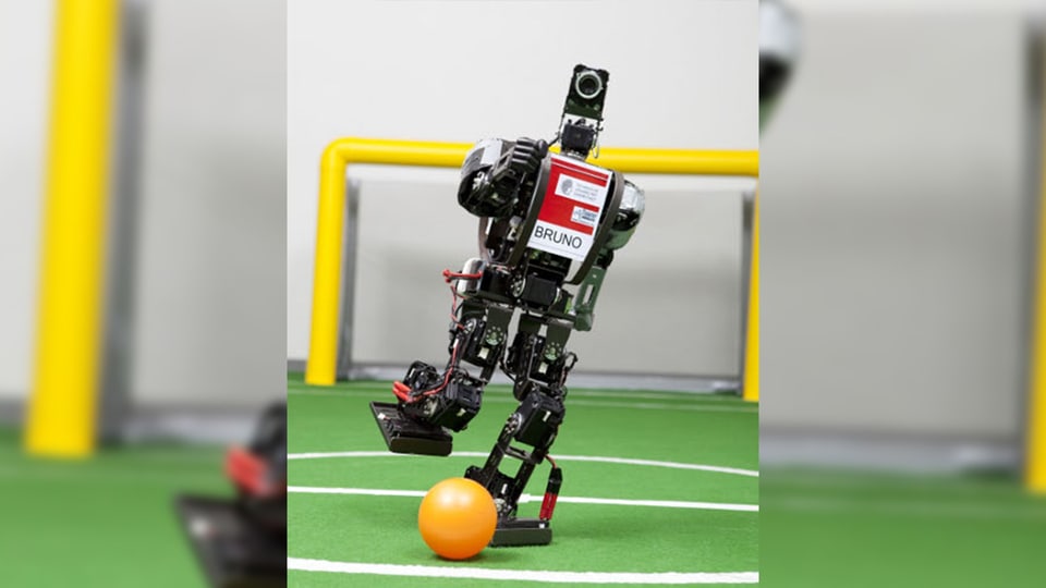 Auf dem Bild ist ein Roboter beim Fussball spielen zu sehen.