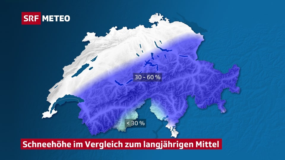 Schweizer Karte mit Schneehöhen im Vergleich zum langjährigen Durchschnitt.