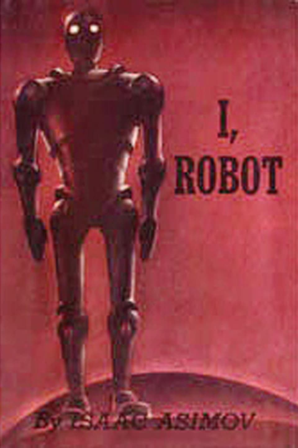 Ein dunkelroter Roboter mit weissen Augen vor rotem Hintergrund