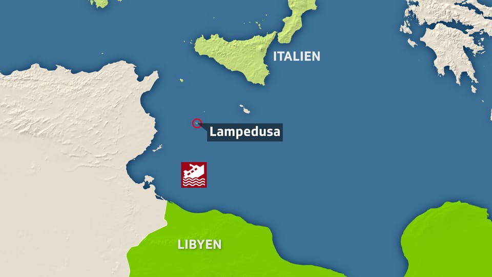 Kartenausschnitt mit den Küsten Libyens, Italiens und der Insel Lampedusa
