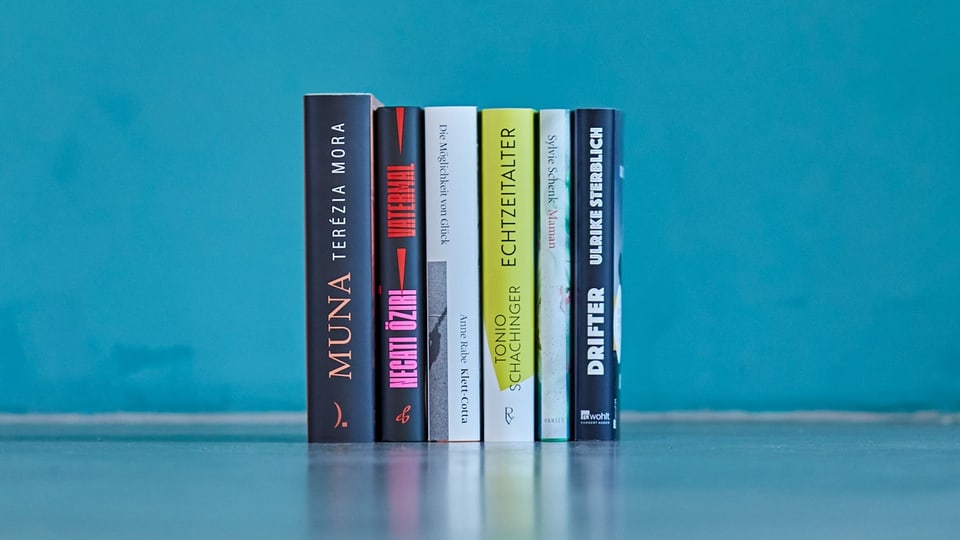 six vertical book covers in front of a blue wall 