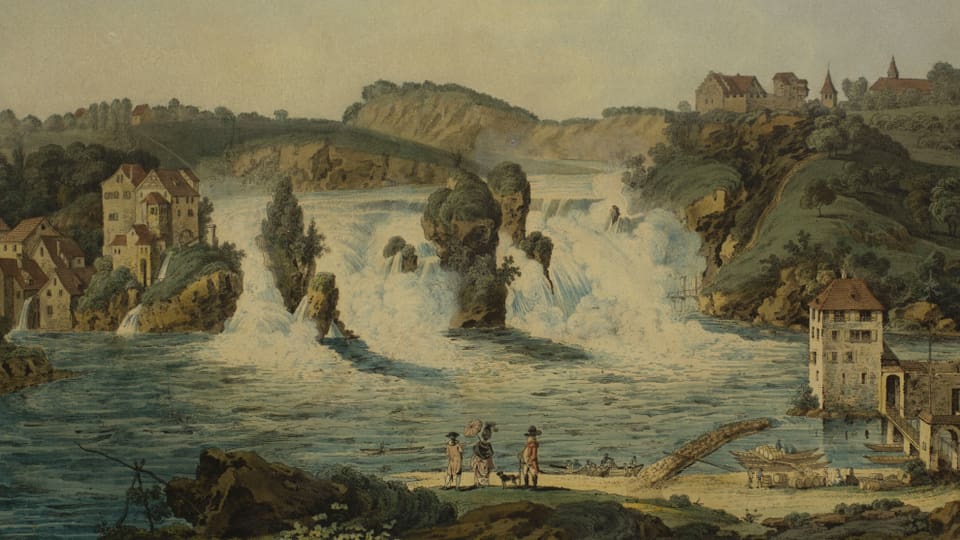 Tusche-Zeichnung und Aquarell von Johann Jakob Aschmann: Der Rheinfall.