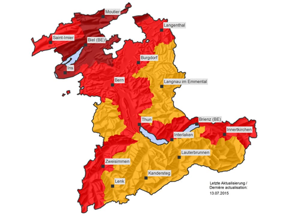Karte des Kantons Bern mit den Gefahrenregionen.