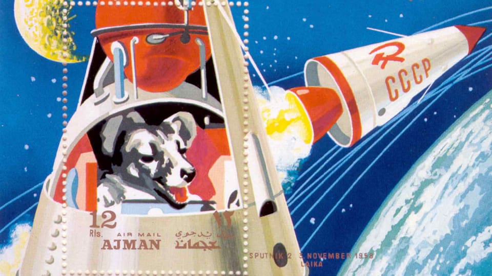 Aufwendig gestaltete Sonder-Briefmarke: Zeichnung eines Hundes im All, der aus einem Sateliten herausschaut. 