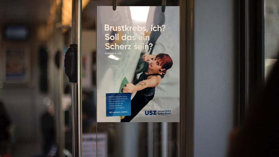 Werbeplakat des Universitätsspitals Zürich, das für eine Brustkrebsvoruntersuchtung wirbt.