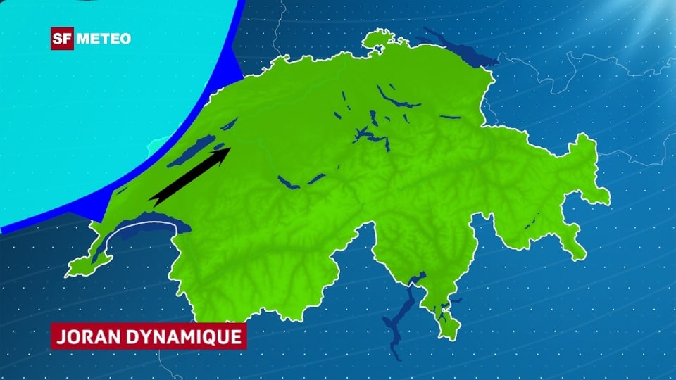 Eine Schweizerkarte. Über Frankreich ist in blau kalte Luft eingezeichnet. Im Mittelland zeigt ein Windpfeil Südwestwind an.