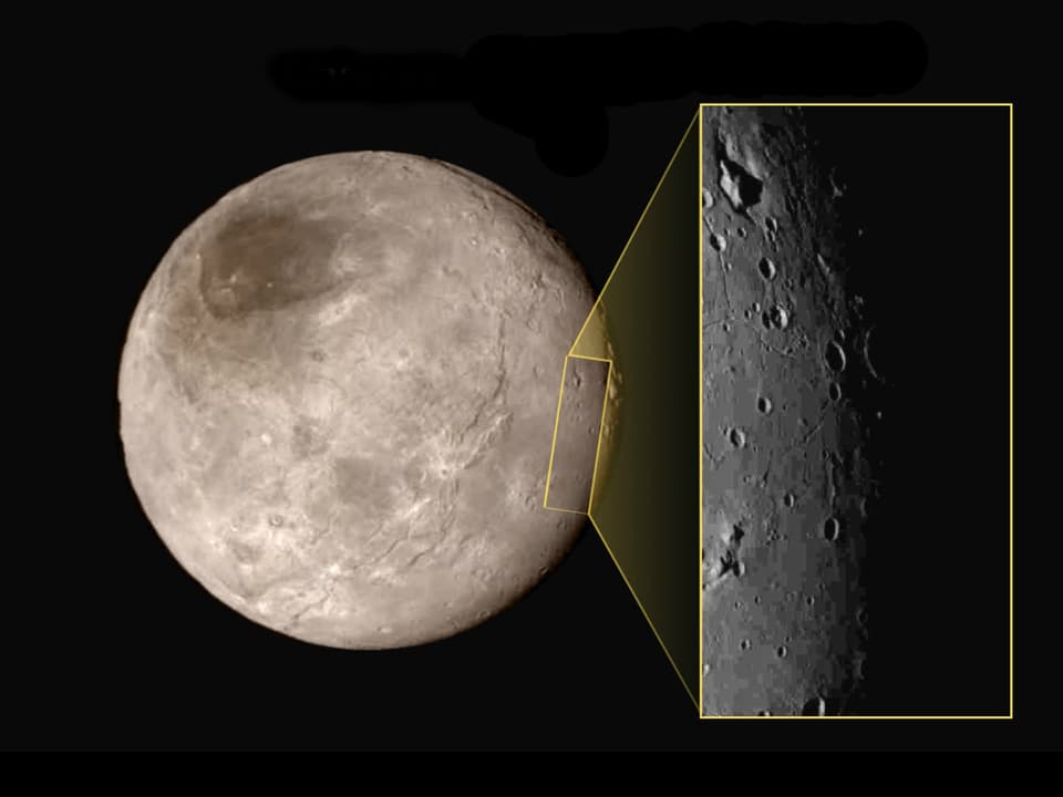 Ein Bild von Charon mit einem Ausschnitt, der als Nahaufnahme gezeigt wird.