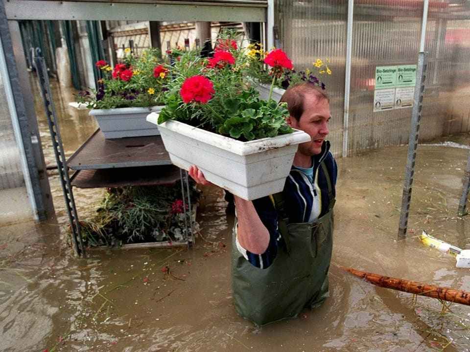 Mann in Gummistiefeln trägt Blumenkasten durch überschwemmtes Gebiet.
