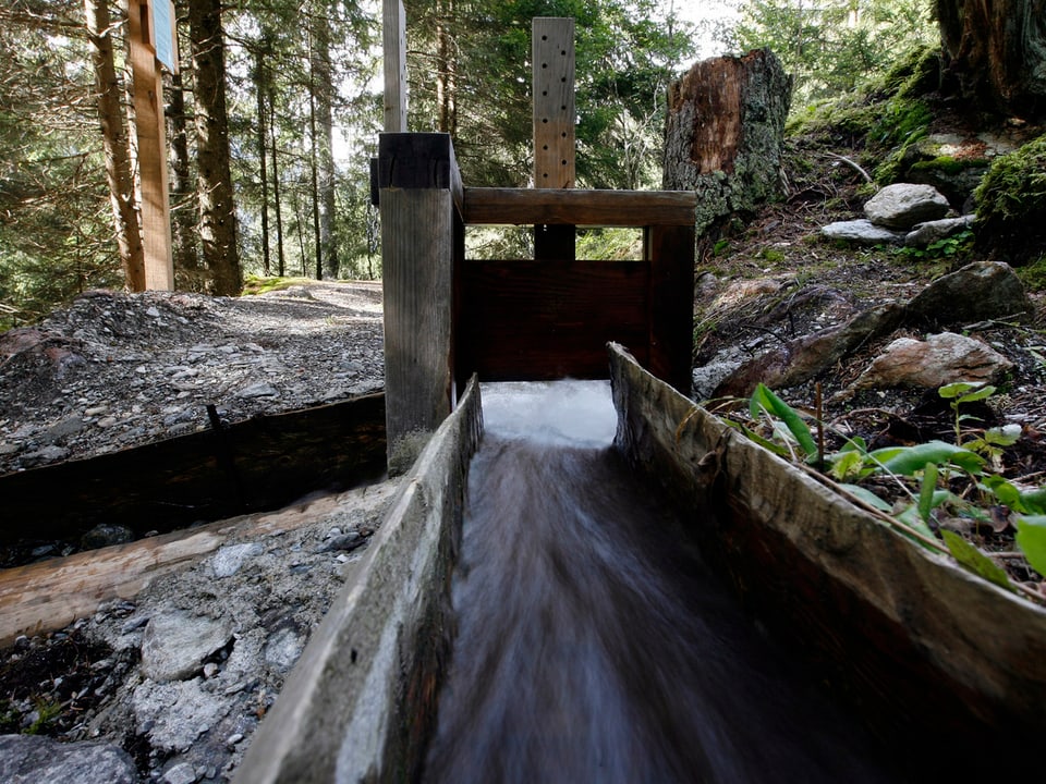 Blick auf einen historischen Wasserkanal aus Holz, mitten im Wald