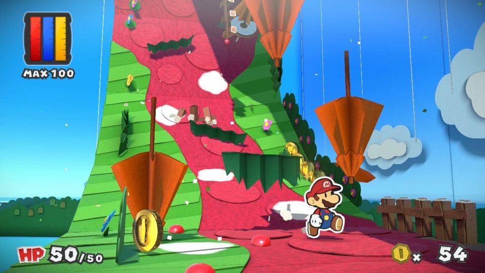 Eine rote Strasse rollt sich zusammen, Mario rennt davon.