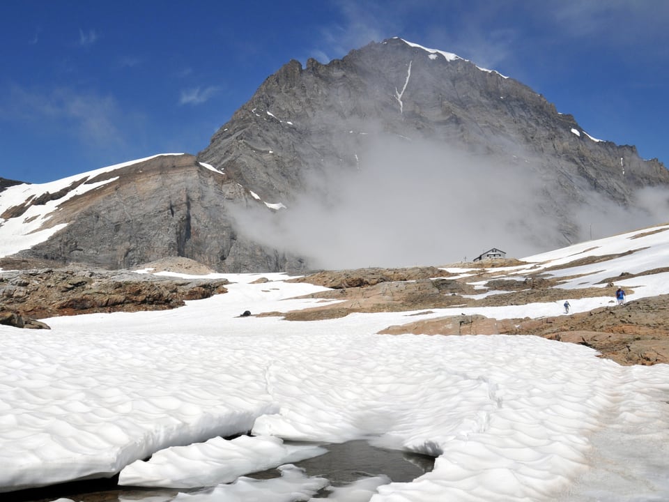 Alpenbild mit Schnee auf Wiese. Dahinter ein paar Wanderer und ein schroffer Felsen. 
