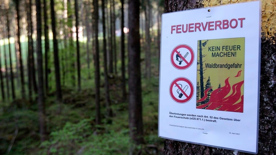 Ein Schild warnt in einem Wald vor dem Entfachen von Feuer.